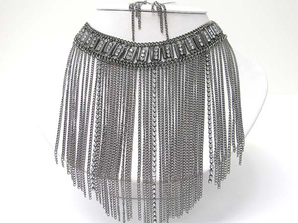 Rhinestone deco multi metal cahin drop necklace earrign set