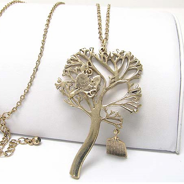 Singing brid in tree pendant long necklace