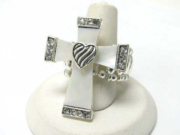 CRYSTAL DECO MOTHER OF PEARL CROSS STRETCH RING