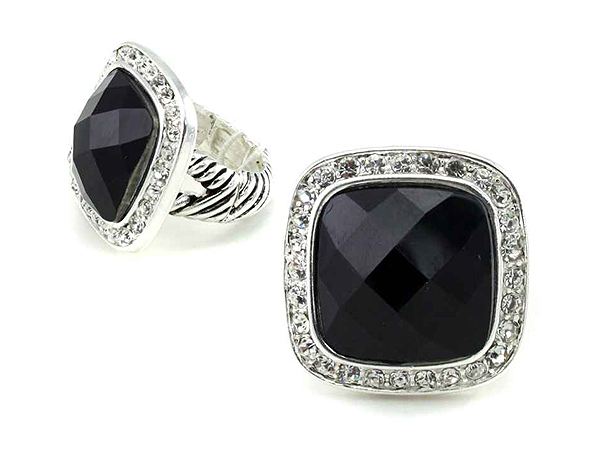 Crystal and facet stone square stretch ring