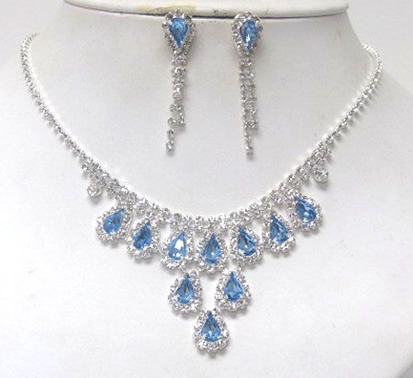 MULTI RHINESTONE WITH TEAR DROPS CRYSTAL GLASS PARTY NECKLACE EARRING SET