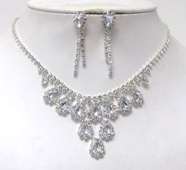 Multi rhinestone with tear drops crystal glass party necklace earring set