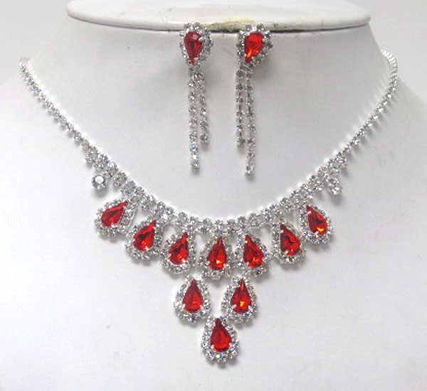 MULTI RHINESTONE WITH TEAR DROPS CRYSTAL GLASS PARTY NECKLACE EARRING SET