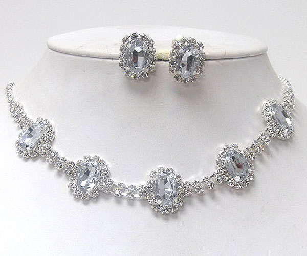 Multi rhinestone with five oval crystal glass party necklace earring set
