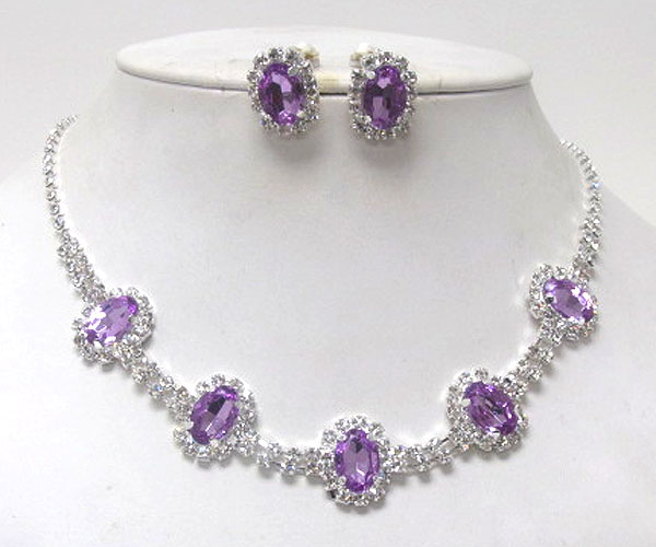 Multi rhinestone with five oval crystal glass party necklace earring set