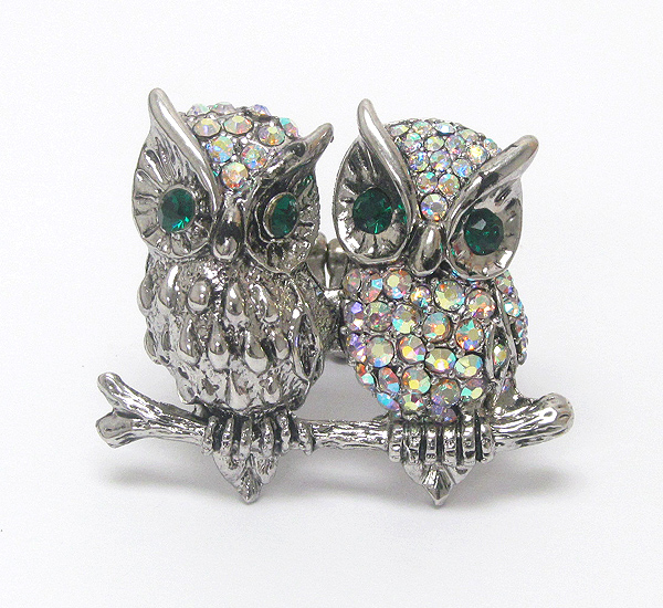 Crystal humming two owl stretch ring