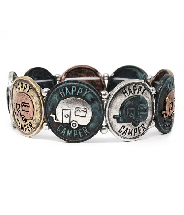 Vintage metal stretch bracelet - happy camper
