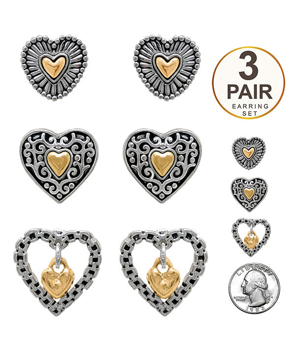 Designer textured 3 pair heart earring set