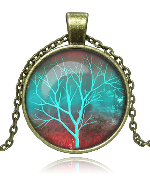 Antique bronze life of tree cabochon necklace