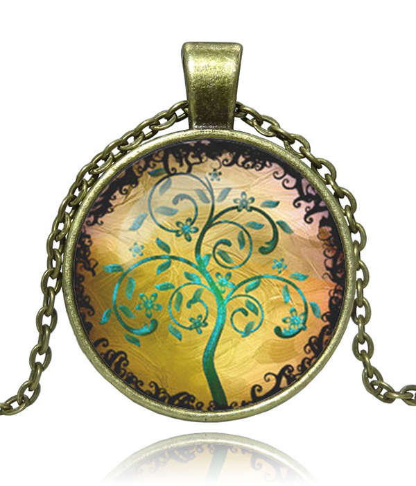 Antique bronze life of tree cabochon necklace