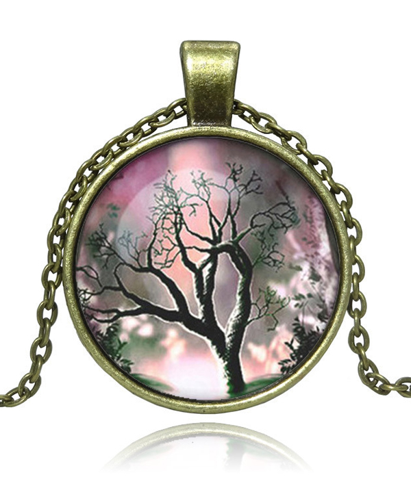 Antique bronze life of tree cabochon necklace