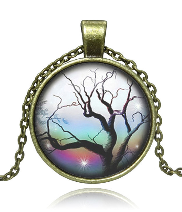 Antique bronze life of tree cabochon necklace
