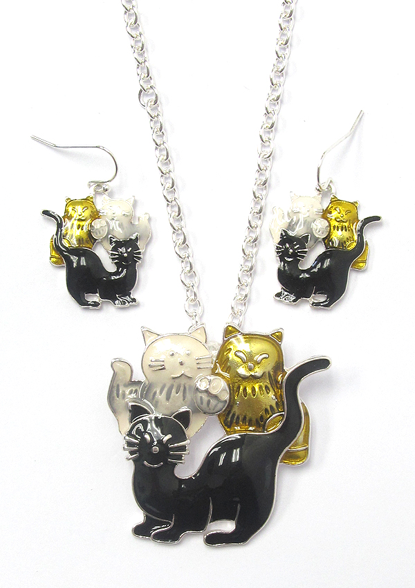 Triple cat pendant necklace set