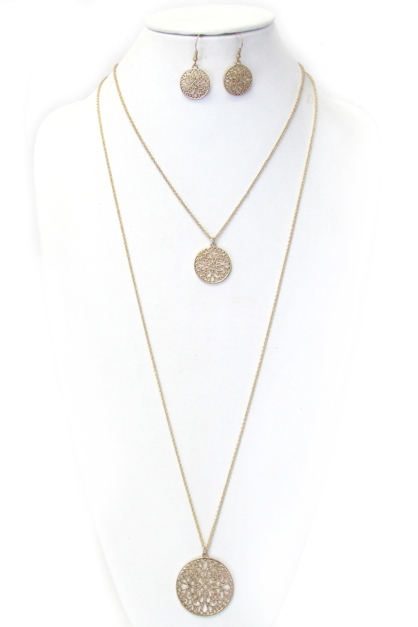 Metal filigree double layer long necklace set