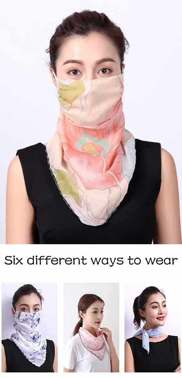 PEARL CHIFFON BREATHABLE SUNSCREEN FACE COVERING FACE MASK SCARF - ADJUSTABLE EAR LOOPS