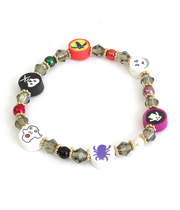 HALLOWEEN THEME FACET STONE AND CLAY BEAD MIX STRETCH BRACELET