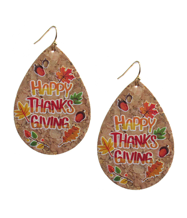 THANKSGIVING THEME CORK TEARDROP EARRING - HAPPY THANKS GIVING