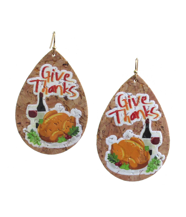 THANKSGIVING THEME CORK TEARDROP EARRING - GIVE THANKS