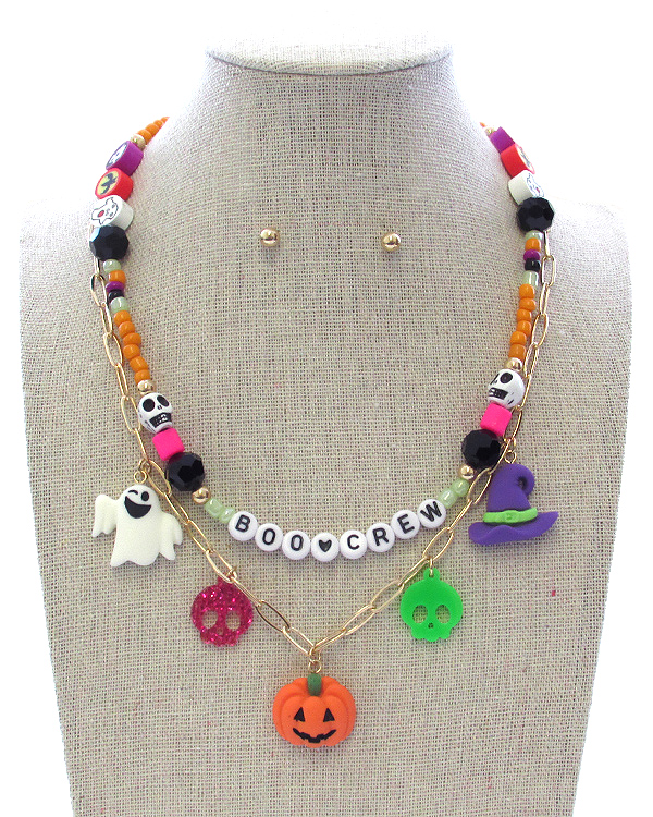 HALLOWEEN THEME FACET STONE AND CLAY BEAD MIX DOUBLE LAYER NECKLACE SET