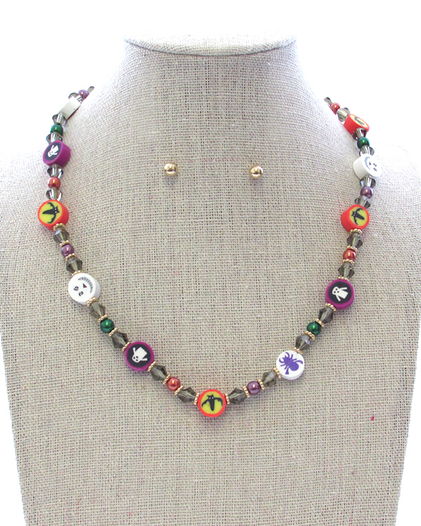 HALLOWEEN THEME FACET STONE AND CLAY BEAD MIX NECKLACE SET