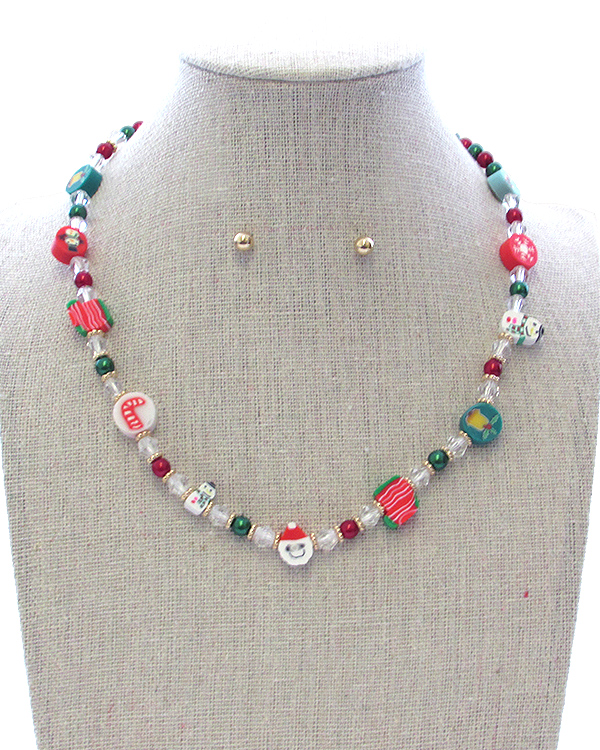 CHRISTMAS THEME FACET STONE AND CLAY BEAD MIX NECKLACE SET