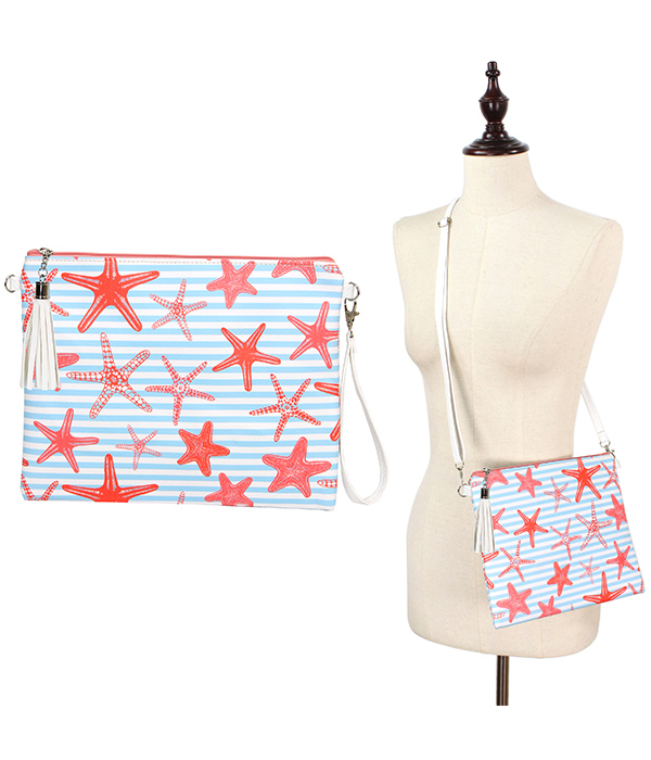 Double strap sealife theme cross body clutch - starfish - polyester