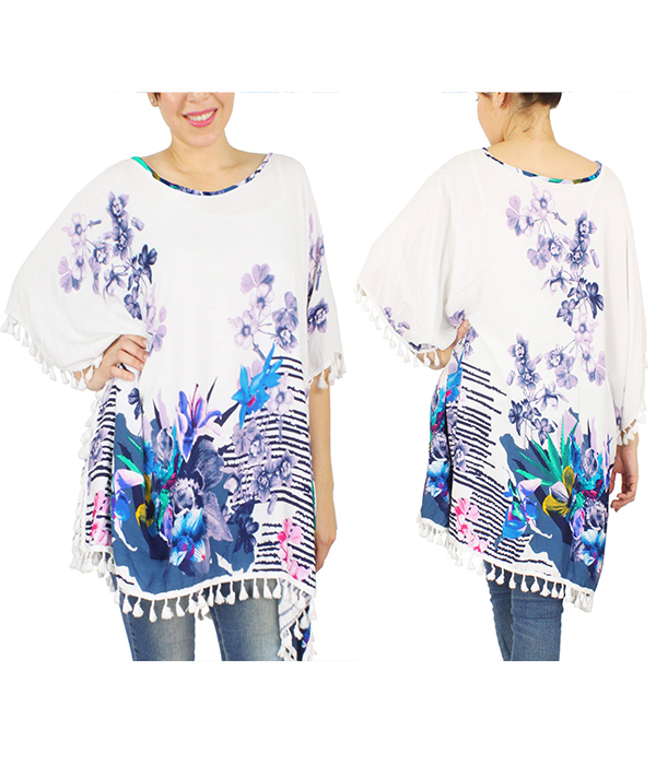 Flower print poncho w/tassel - 100% viscose