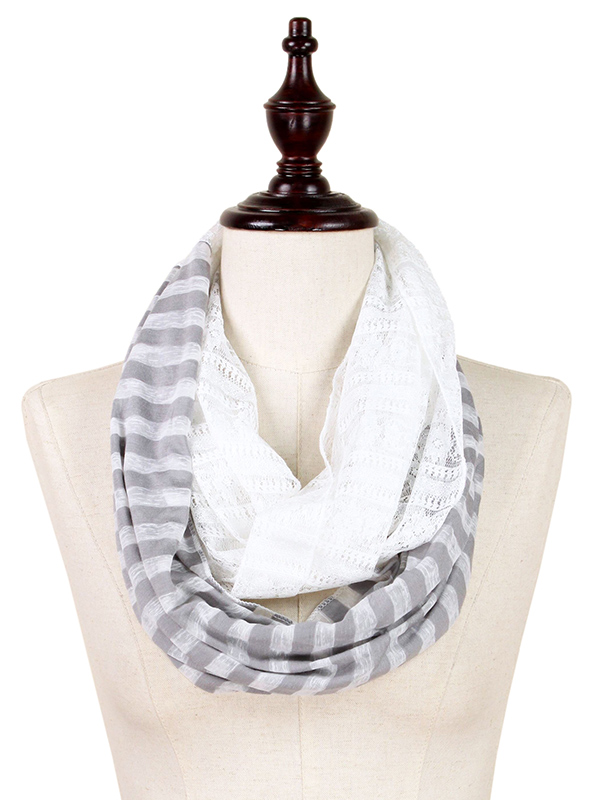 STRIPE AND LACE INFINITY SCARF - 50% VISCOSE 50% POLYESTER
