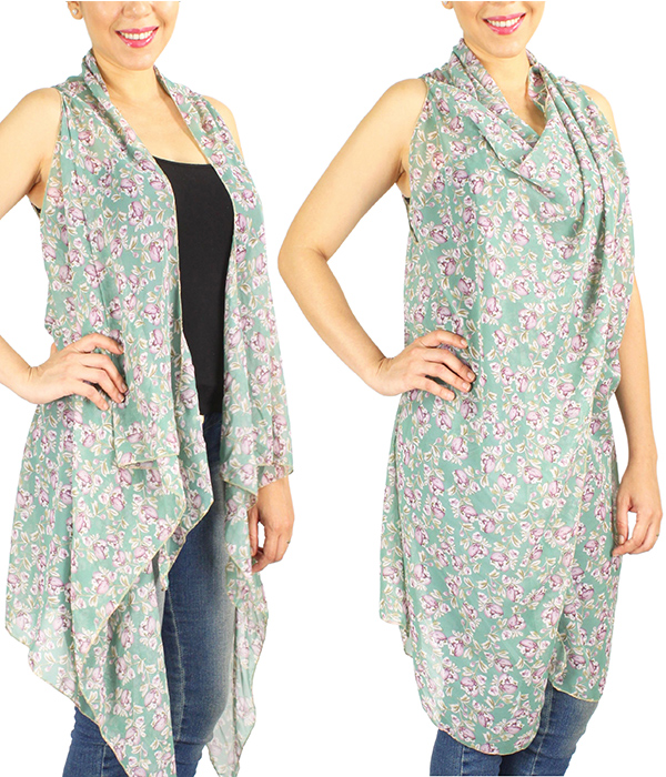 FLOWER PRINT CHIFFON VEST COVER UPS - 100% POLYESTER