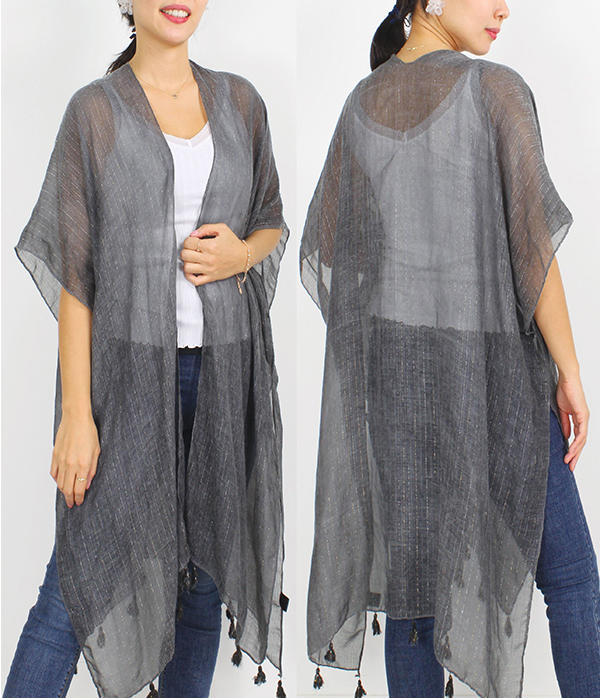 TASSEL DROP LUREX STRIPE KIMONO VEST - 100% POLYESTER