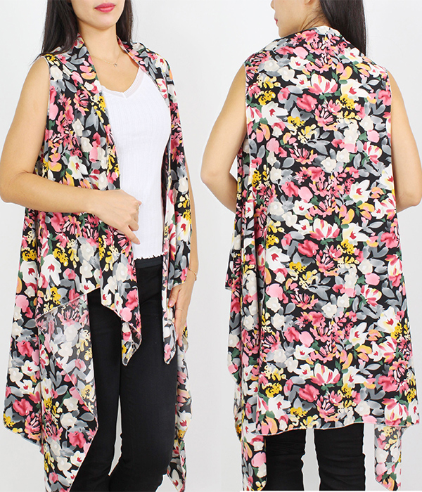 FLOWER PRINT VEST COVER UPS - 100% POLYESTER