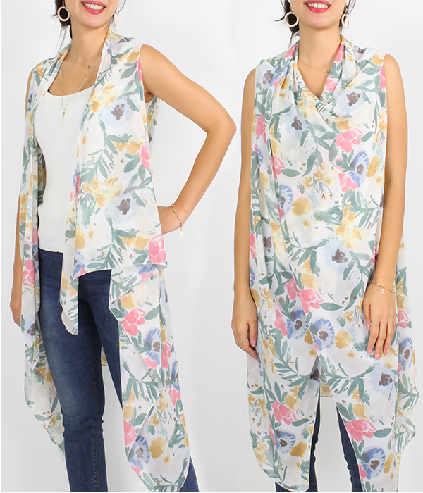 FLOWER PRINT VEST COVER UPS - 100% POLYESTER