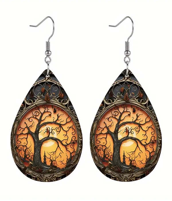 Halloween theme tree of life leatherette teardrop earring