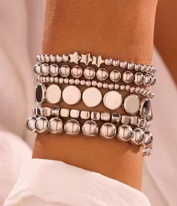 Metal ball and disc mix 6 stretch bracelet set