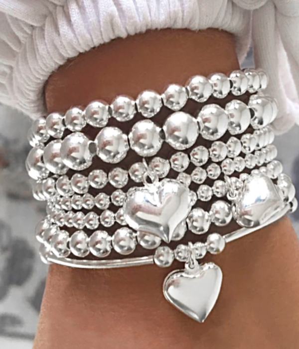 Puffy heart charm and metal ball 7 stretch bracelet set