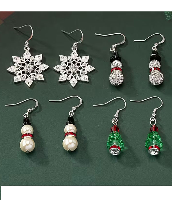 Christmas theme 4 pair earring set - snowflake snowman