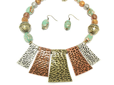 Ethnic style metal and stone necklace and earring set