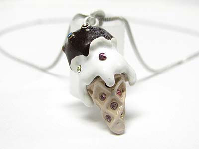 Made in korea whitegold plating crystal and epoxy miniature icecream cone pendant necklace