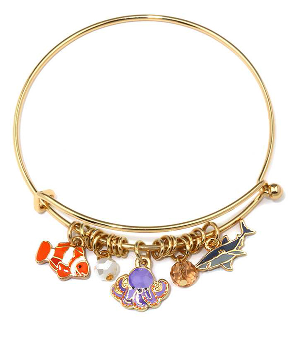 Enamel shark and octopus charm wire bangle bracelet