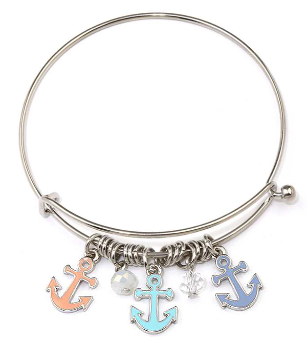 Enamel multi anchor charm wire bangle bracelet