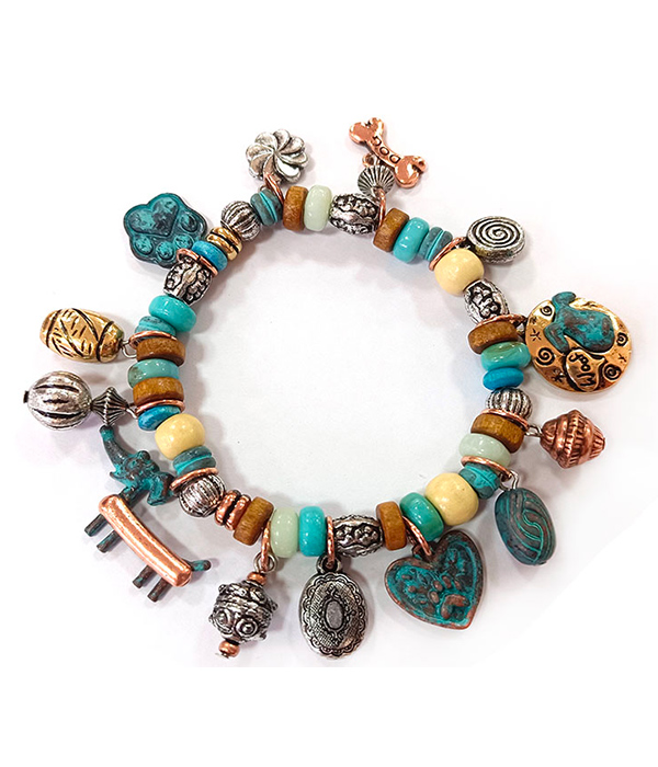 VINTAGE METAL MULTI CHARM AND BEAD MIX STRETCH BRACELET - pet lovers theme DOG