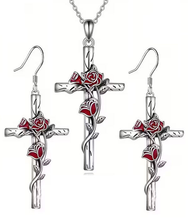 Rose on cross necklace earring set