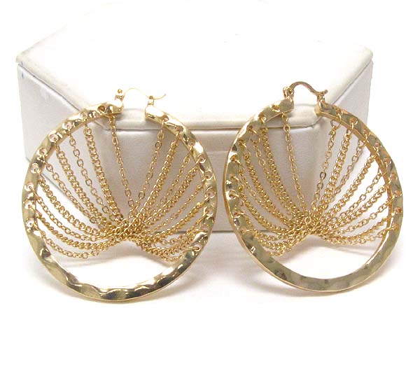 Hammered metal hoop and multi chain link earring - hoops