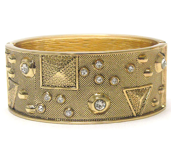 Multi crystal deco and textured metal hinge bangle bracelet