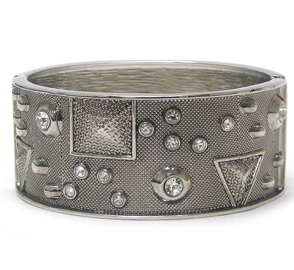 Multi crystal deco and textured metal hinge bangle bracelet