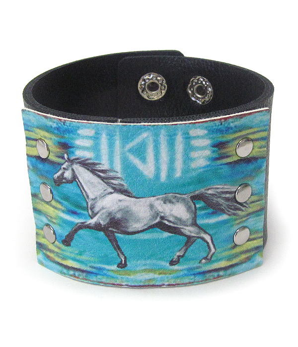 Serape pattern faux leather button bracelet - horse