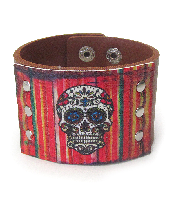 Serape pattern faux leather button bracelet - skull