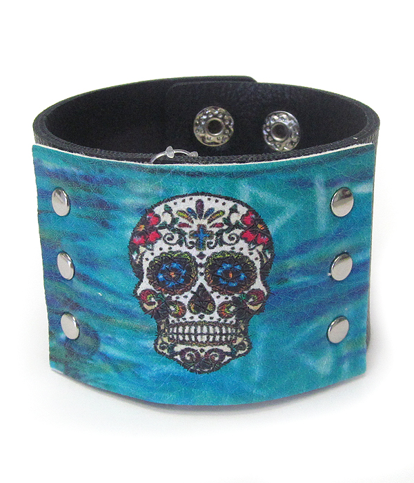 Serape pattern faux leather button bracelet - skull
