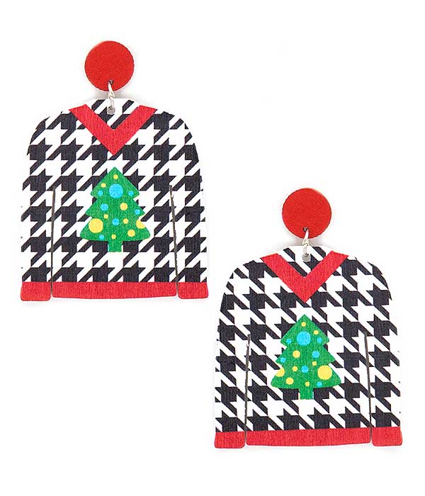 CHRISTMAS THEME UGLY SHIRT WOOD EARRING - HOUNDTOOTH