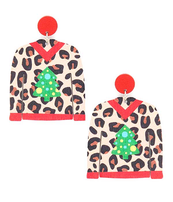 Christmas theme ugly shirt wood earring - animal print